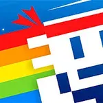 픽셀 스타일의 얼굴이 빨간 머리띠를 두르고 무지개 색깔의 꼬리를 가진 모습