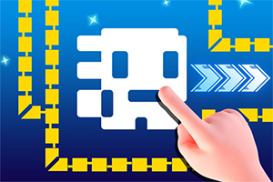 파란 배경에 흰색 픽셀 모양 캐릭터와 황금색 벽, 그리고 캐릭터를 터치하는 손가락