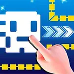 파란 배경에 흰색 픽셀 모양 캐릭터와 황금색 벽, 그리고 캐릭터를 터치하는 손가락