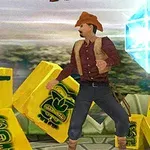 갈색 모자를 쓴 남성이 노란색 상자 주변에 서 있고, 배경에는 푸른 보석이 떠 있습니다