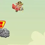 빨간 비행기를 탄 조종사가 하늘에서 구름과 풍선을 지나고 있다