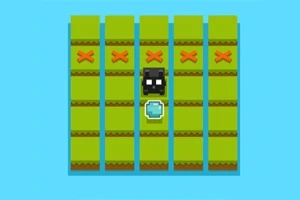 초록색 바닥 위 격자에 검은색 네모 캐릭터와 파란색 보석이 놓여 있다