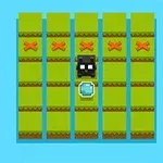 초록색 바닥 위 격자에 검은색 네모 캐릭터와 파란색 보석이 놓여 있다