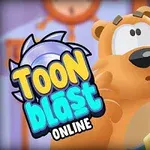 곰 캐릭터가 놀란 표정을 짓고 있으며, 왼쪽에는 Toon Blast Online이라는 텍스트가 있는 이미지