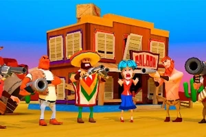 다섯 명의 만화 스타일 캐릭터들이 서부 배경의 건물 앞에서 다양한 포즈로 총을 들고 있다