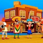 다섯 명의 만화 스타일 캐릭터들이 서부 배경의 건물 앞에서 다양한 포즈로 총을 들고 있다