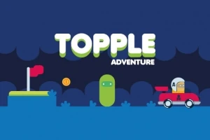 파란 배경에 TOPPLE ADVENTURE라는 글자와 함께 녹색 캐릭터, 빨간 자동차, 깃발, 동전이 있는 이미지