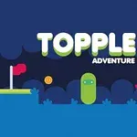 파란 배경에 TOPPLE ADVENTURE라는 글자와 함께 녹색 캐릭터, 빨간 자동차, 깃발, 동전이 있는 이미지