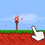 픽셀 스타일의 풍경에서 하늘 아래 초록색과 빨간색의 잔디와 흙으로 이루어진 지형 위에 횃불이 서 있고, 커다란 손가락 모양의 커서가 이를 가리키고 있다
