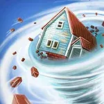 회오리 바람 속에서 붉은 벽돌과 함께 휘말려 올라가는 파란색 지붕의 집