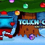 산타 복장을 한 캐릭터가 크리스마스 트리 아래에 서 있으며 다양한 색상의 장식 공이 배경으로 보인다