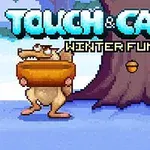 나무 옆에서 다람쥐가 도토리를 잡으려고 하는 픽셀 스타일의 장면