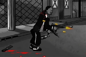 검은 옷을 입은 남자가 거리에서 총을 쏘고 있는 장면