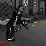 검은 옷을 입은 남자가 거리에서 총을 쏘고 있는 장면