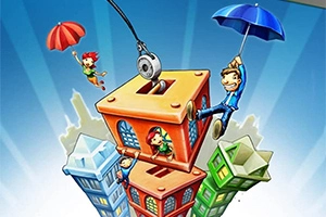 다양한 색상의 건물 위로 양산을 든 사람들과 줄에 매달려 있는 사람들이 보입니다