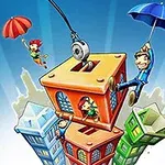 다양한 색상의 건물 위로 양산을 든 사람들과 줄에 매달려 있는 사람들이 보입니다