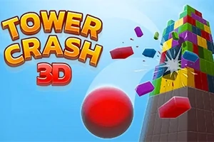파란 하늘 배경에 ‘TOWER CRASH 3D’ 텍스트와 붉은 공이 컬러 블록 탑을 부수는 모습