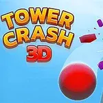 파란 하늘 배경에 ‘TOWER CRASH 3D’ 텍스트와 붉은 공이 컬러 블록 탑을 부수는 모습