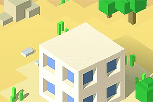 사막 배경에 사각형 창문이 있는 흰색 입체 건물과 나무, 선인장이 있는 픽셀 아트 스타일의 장면