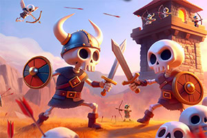 투구와 방패를 든 두 개의 해골 전사가 칼싸움을 하고 있으며, 배경에는 화살을 쏘는 궁수와 탑이 있다