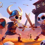 투구와 방패를 든 두 개의 해골 전사가 칼싸움을 하고 있으며, 배경에는 화살을 쏘는 궁수와 탑이 있다