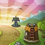 동이 트는 하늘 아래 두 개의 디펜스 타워가 있는 만화 스타일의 풍경