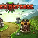 만화 스타일의 숲과 산을 배경으로 한 방어 탑들과 무장한 보병들