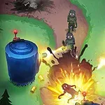 푸른 색 포탑 두 개가 길 양쪽에 배치되어 있으며, 가운데 길에서는 폭발이 일어나고 좀비들이 다가오고 있는 장면