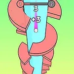 색상이 변화하는 배경 앞에 나선형 구조를 따라 공이 아래로 떨어지는 모습