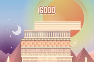 건축물과 피라미드 배경, 중앙에 GOOD 텍스트, 일출 또는 일몰 하늘