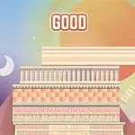 건축물과 피라미드 배경, 중앙에 GOOD 텍스트, 일출 또는 일몰 하늘