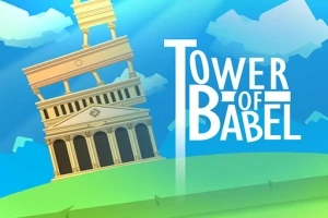 파란 하늘 아래 바벨탑이 오른쪽으로 기울어져 있으며, 옆에 TOWER OF BABEL이라는 텍스트가 있는 이미지