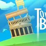 파란 하늘 아래 바벨탑이 오른쪽으로 기울어져 있으며, 옆에 TOWER OF BABEL이라는 텍스트가 있는 이미지