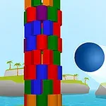 다양한 색상의 원기둥으로 구성된 탑 옆에 파란 공이 떠 있으며, 배경에는 바다와 섬이 보입니다