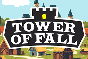 마을 풍경 위에 검은색 성 모양 로고와 TOWER OF FALL이라는 글자가 있는 이미지