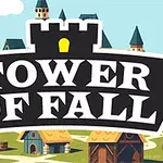 마을 풍경 위에 검은색 성 모양 로고와 TOWER OF FALL이라는 글자가 있는 이미지