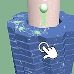 파란색 육각형 블록 타워 위로 흰색 원통이 놓여 있고, 그 사이에 손 모양 아이콘이 보입니다