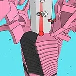 분홍색과 검정색 블록들로 구성된 기하학적 구조와 파란색 배경