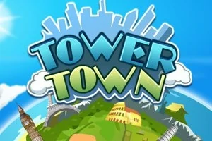 Tower Town 글자 위로 다양한 랜드마크와 구름이 있는 만화 스타일의 이미지
