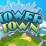 Tower Town 글자 위로 다양한 랜드마크와 구름이 있는 만화 스타일의 이미지