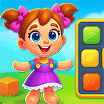 밝은 색상의 블록 퍼즐과 보라색 드레스를 입은 귀여운 소녀 캐릭터