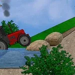 빨간 트랙터가 물가의 경사면을 올라가는 장면 배경에는 풍차와 언덕이 있습니다