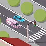 도로 위에 분홍색 밴과 파란색 차가 신호등 앞에 멈춰 서 있는 장면