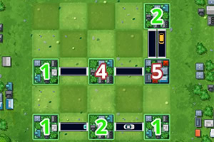 초록색 배경 위에 숫자가 적힌 사각형 타일들이 격자 형태로 배열되어 있으며, 각 타일은 도로로 연결되어 있다