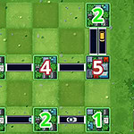 초록색 배경 위에 숫자가 적힌 사각형 타일들이 격자 형태로 배열되어 있으며, 각 타일은 도로로 연결되어 있다