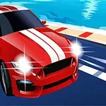 빨간색과 흰색 줄무늬가 있는 자동차가 해안도로를 달리고 있다