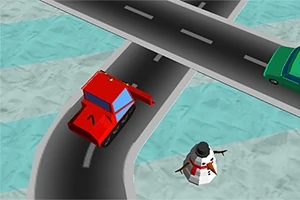 빨간 트럭과 초록색 차가 도로 교차로에 있으며, 옆에는 눈사람이 있다