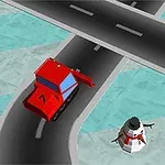 빨간 트럭과 초록색 차가 도로 교차로에 있으며, 옆에는 눈사람이 있다