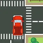 도로의 교차로에서 빨간색 차와 주황색 차가 서로 마주보고 있는 그림