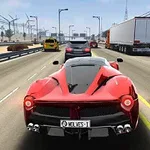 고속도로에서 붉은 스포츠카가 여러 차량과 함께 주행 중인 모습